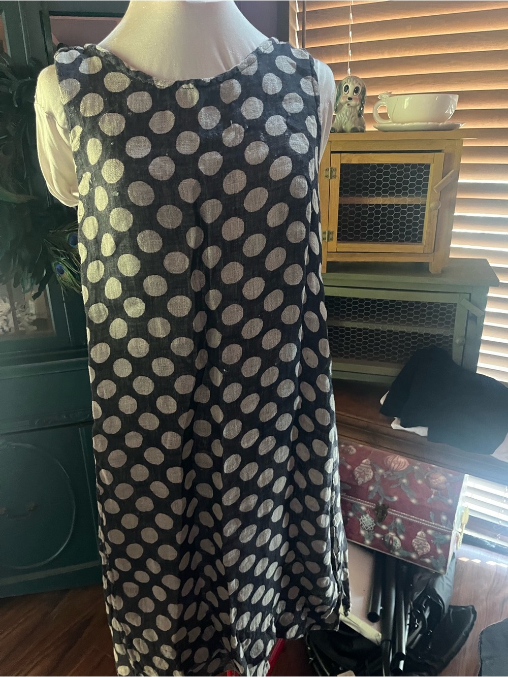 Flax Design reversible Black & Cream Polka Dot Sleeveless Shift Dress Medium